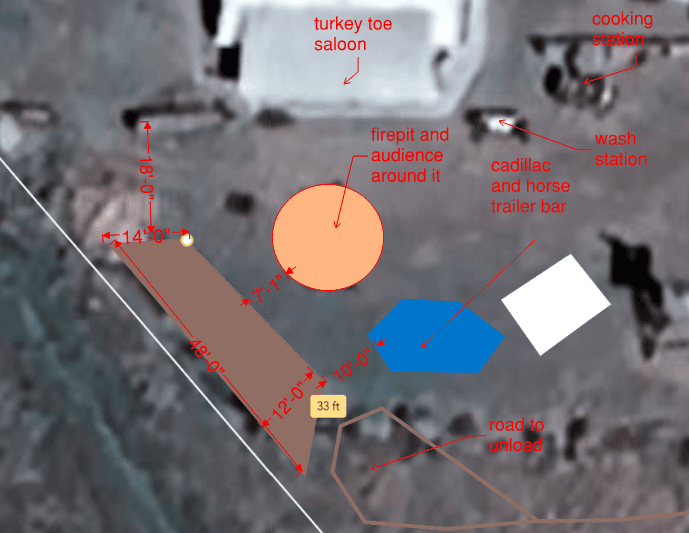 19th Hole Site Plan - Turkey Toe Saloon, Stage, Firepit, Cadillac Bar, Cooking Station